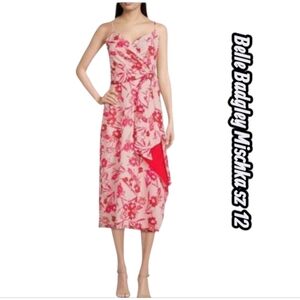 NWT Belle Badgley Mischka Pink Floral Satin Midi Dress 12